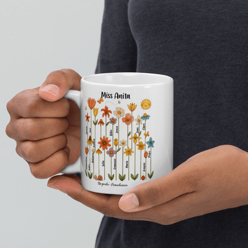 🌸☕ Taza Día del Maestro Personalizada - Nombre de la maestra, alumos y colegio - Flores