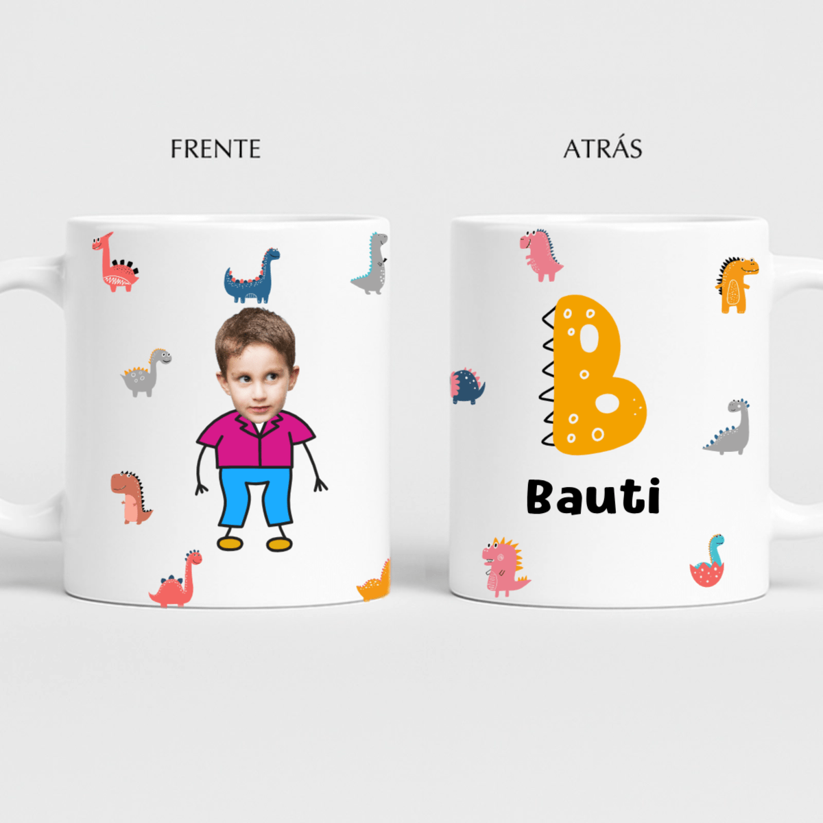 🦕 Taza Personalizada Niño – Dinosaurios | Foto recorte de cara + Inicial + Nombre | Regalo Día del Niño