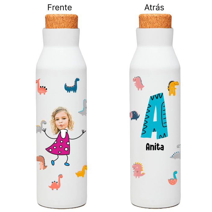 🦕 Botella Personalizada Niño – Dinosaurios | Foto recorte de cara + Inicial + Nombre | Regalo Día del Niño