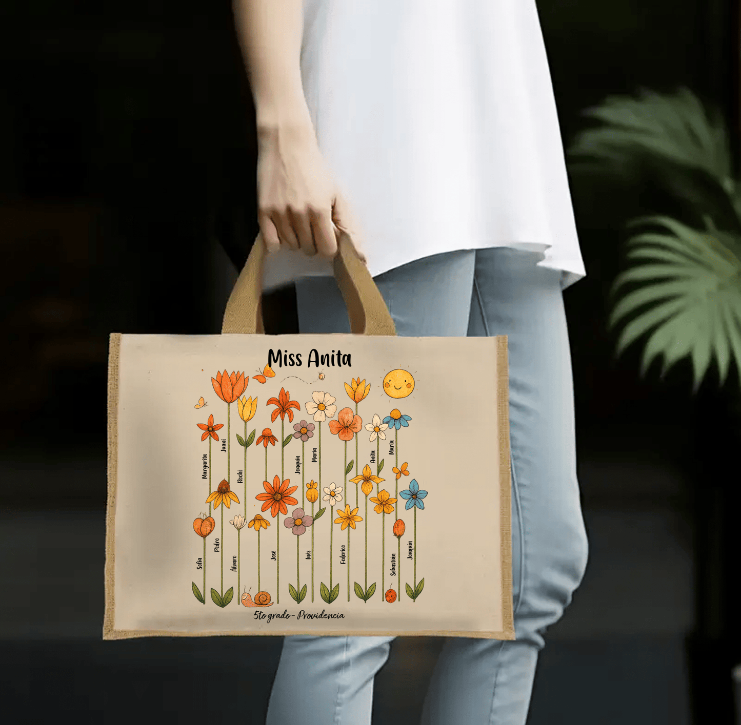 🛍️🌸 Bolso de algodón y arpillera / Tote Bag personalizada con nombre de maestro y alumnos - Flores