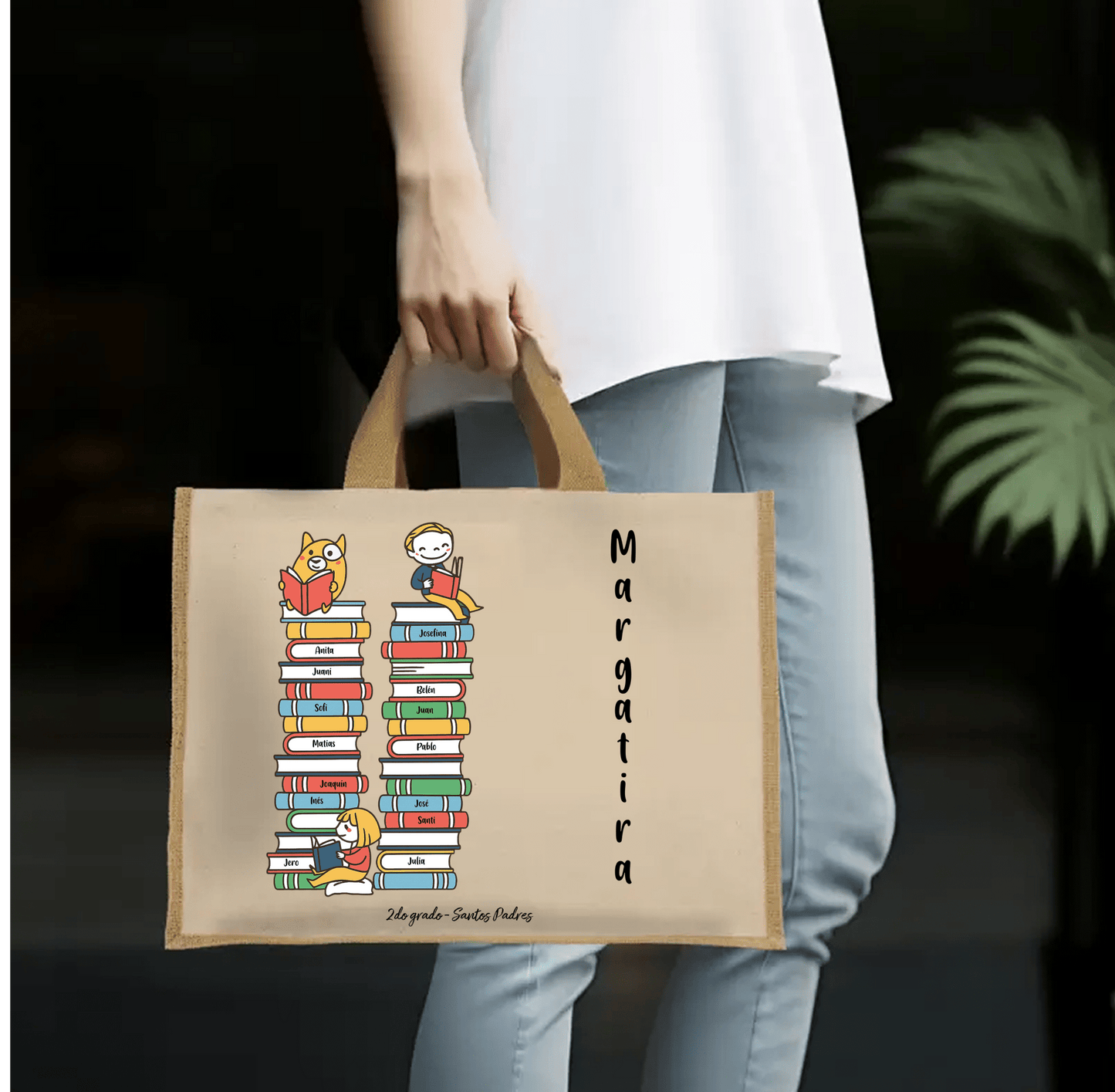 🛍️📚 Bolso de algodón y arpillera / Tote Bag personalizada con nombre de maestro y alumnos - Libros
