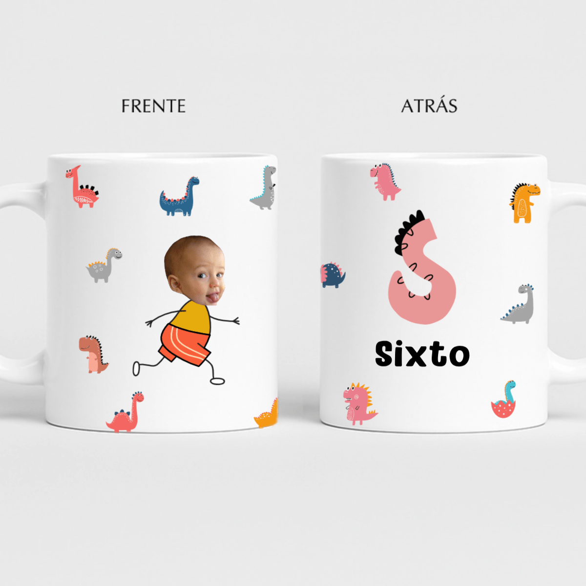🦕 Taza Personalizada Niño – Dinosaurios | Foto recorte de cara + Inicial + Nombre | Regalo Día del Niño