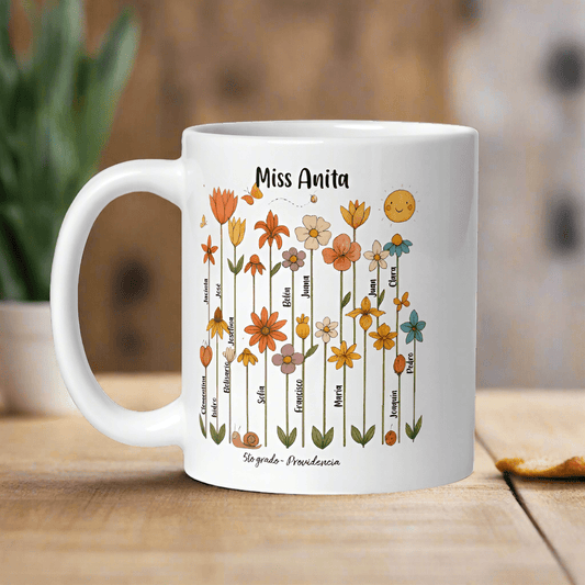 🌸☕ Taza Día del Maestro Personalizada - Nombre de la maestra, alumos y colegio - Flores
