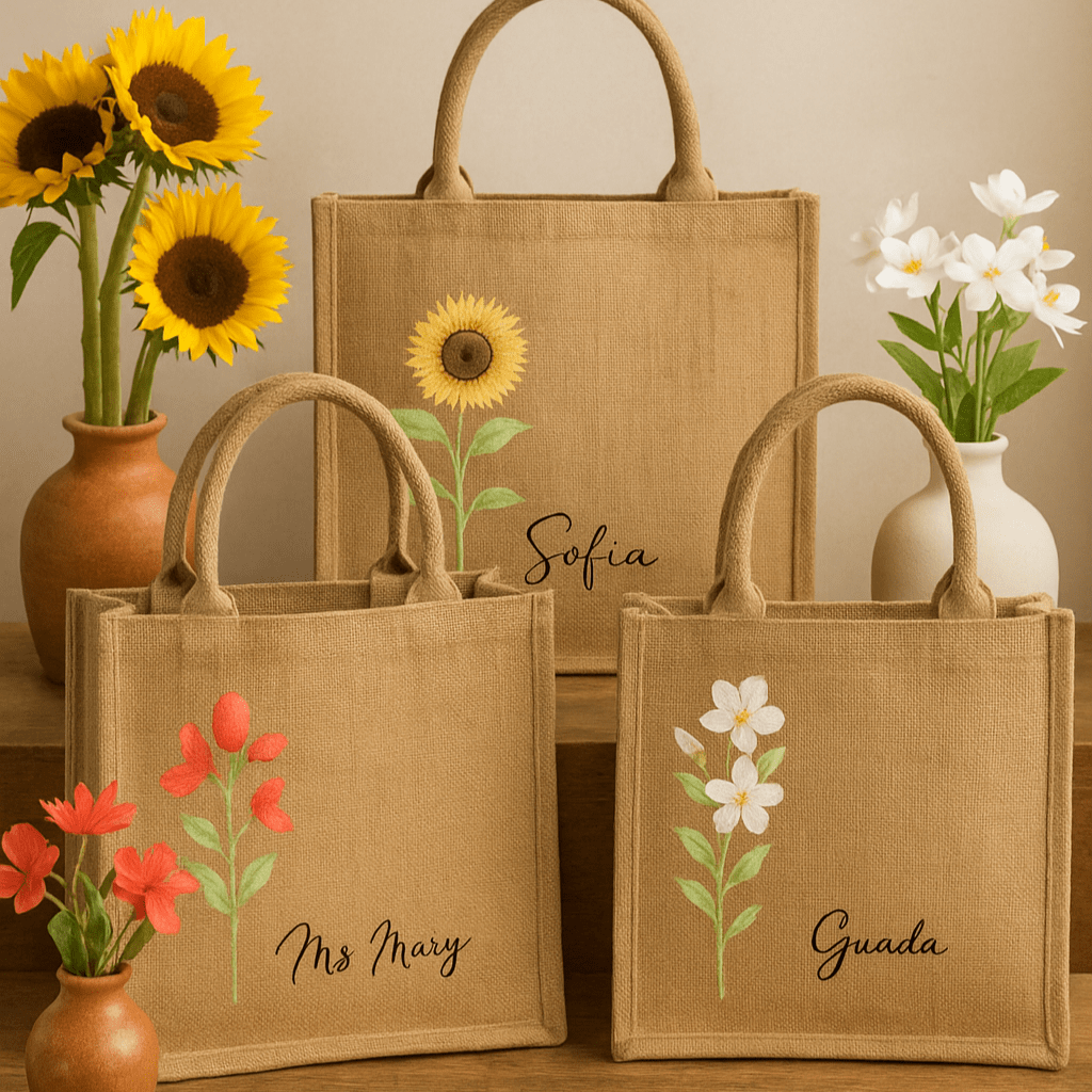 Bolso de yute ecológico / Tote Bag personalizada con nombre y diseño floral