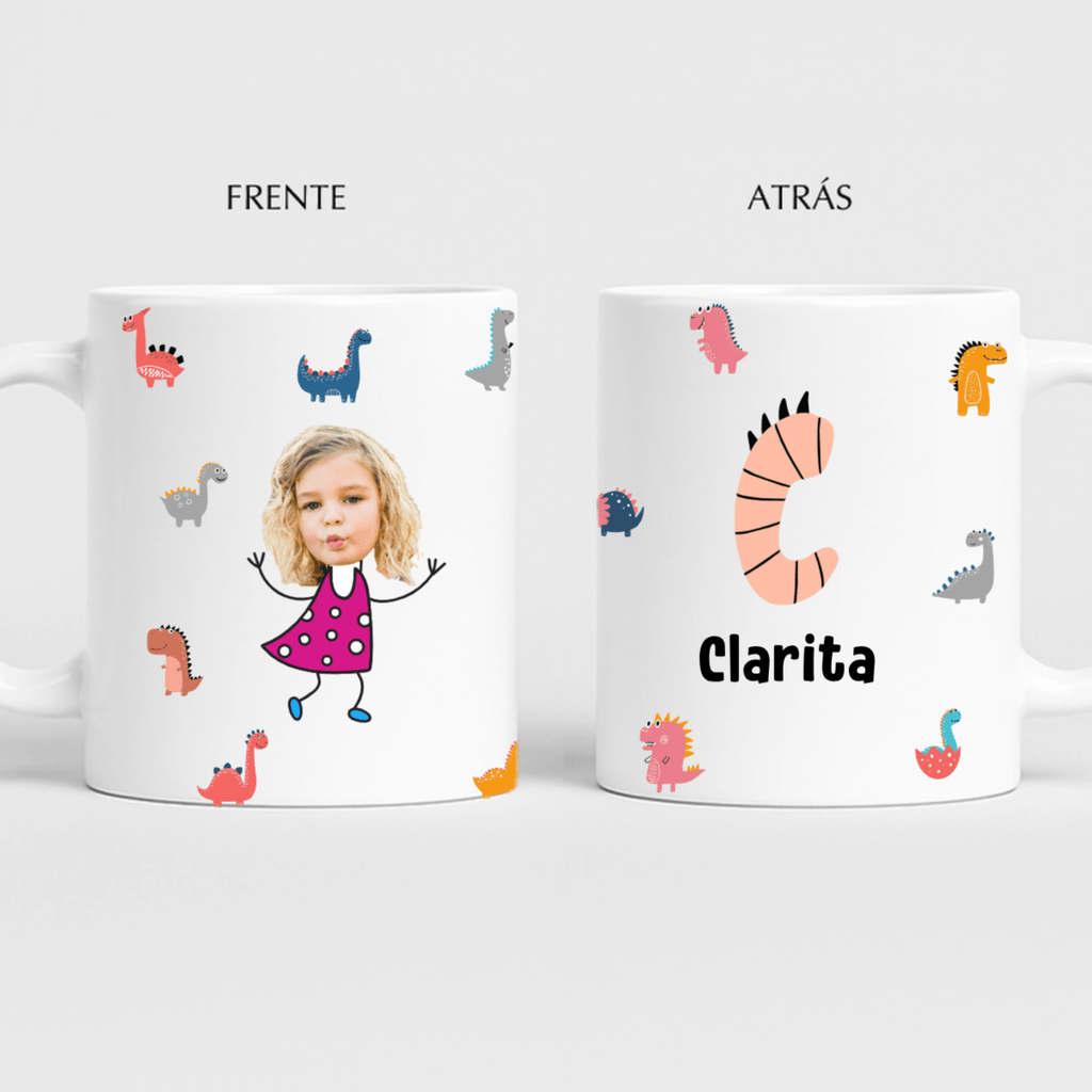 🦕 Taza Personalizada Niño – Dinosaurios | Foto recorte de cara + Inicial + Nombre | Regalo Día del Niño