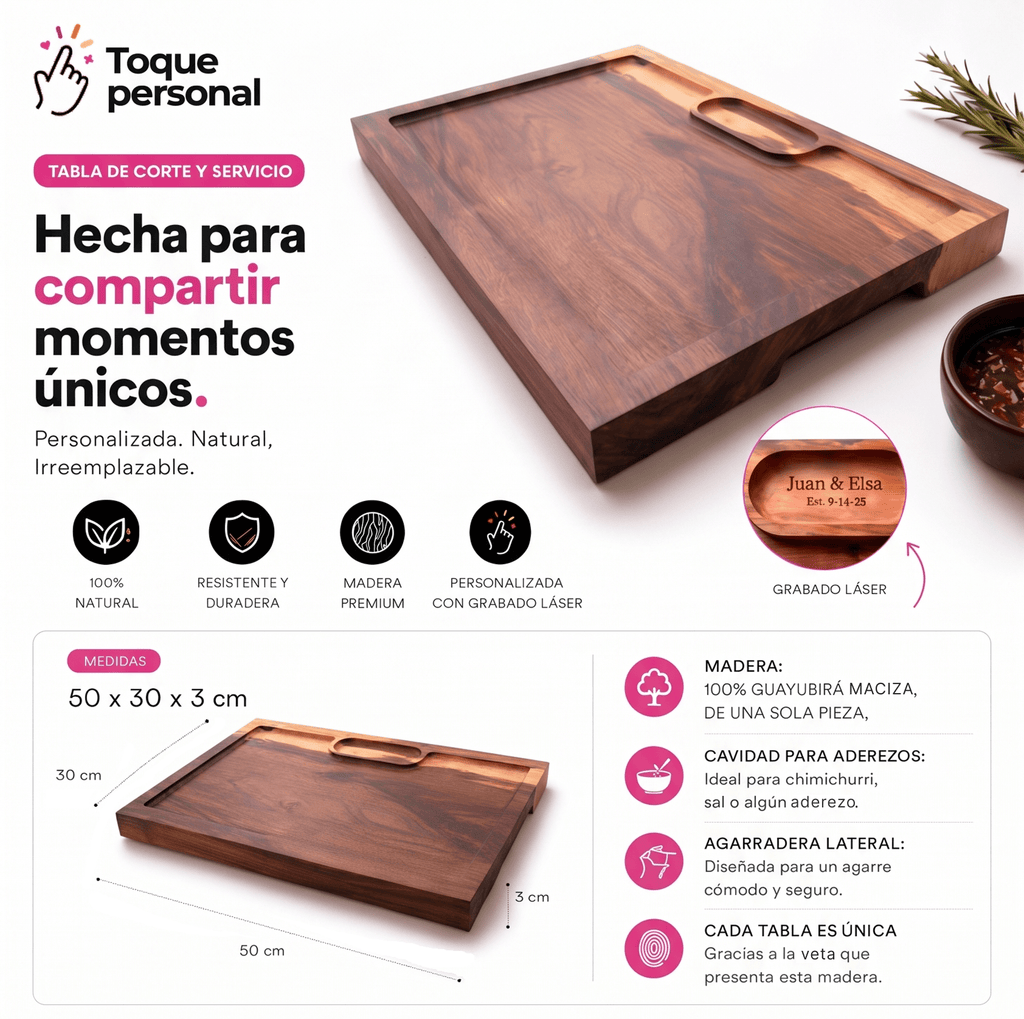 Tabla de asado con grabado personalizado - GUAYUBIRA DE UNA SOLA PIEZA - Tamaño 50x30x3