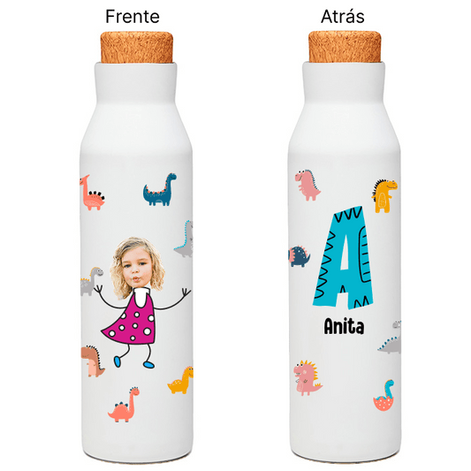 🦕 Botella Personalizada Niño – Dinosaurios | Foto recorte de cara + Inicial + Nombre | Regalo Día del Niño