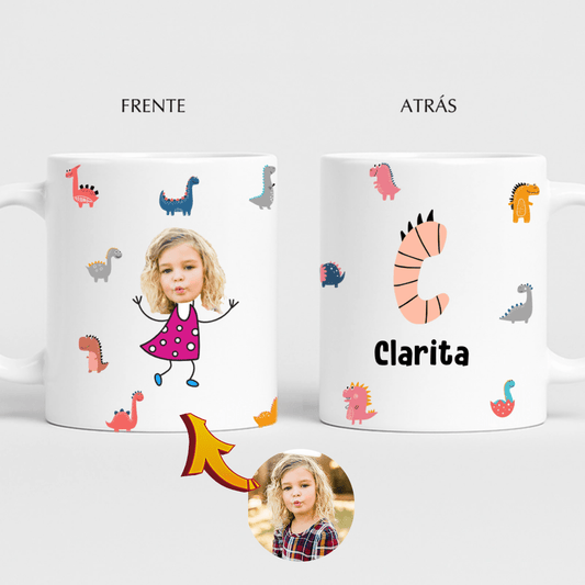 🦕 Taza Personalizada Niño – Dinosaurios | Foto recorte de cara + Inicial + Nombre | Regalo Día del Niño