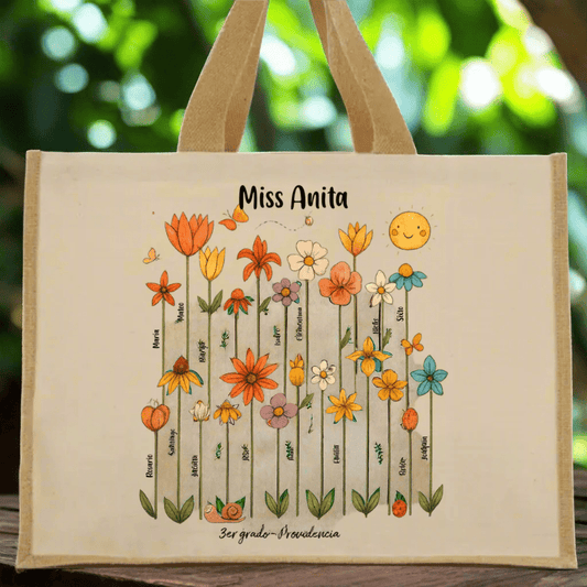 🛍️🌸 Bolso de algodón y arpillera / Tote Bag personalizada con nombre de maestro y alumnos - Flores
