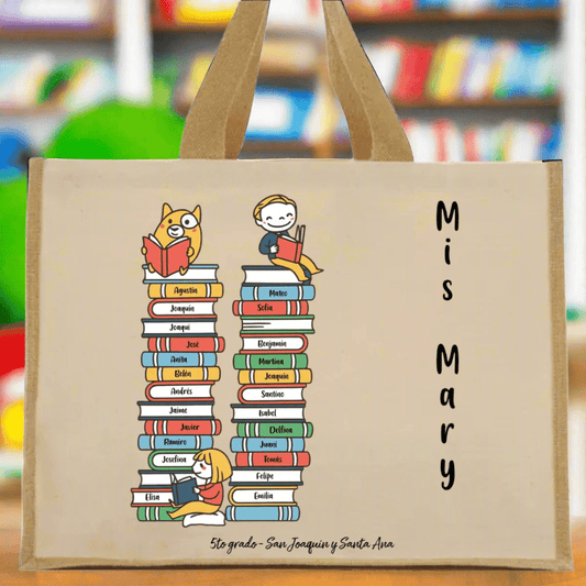 🛍️📚 Bolso de algodón y arpillera / Tote Bag personalizada con nombre de maestro y alumnos - Libros